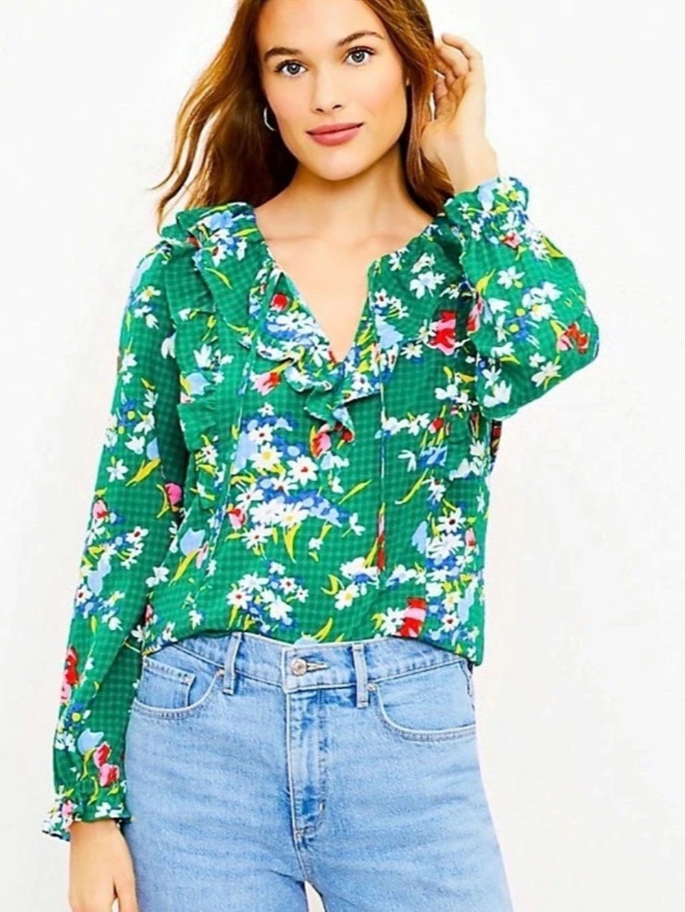 LOFT Green Floral Ruffle Bouquet V-Neck Top